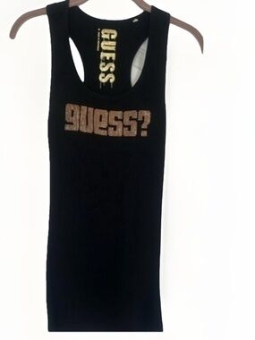 GUESS Vintage Black Tank with Gold Logo Accents M